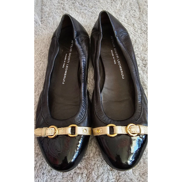 AGL Attilio Giusti Leombruni Black Patent Leather Cap Toe Ballet Flats Gold 39.5 - Picture 1 of 7